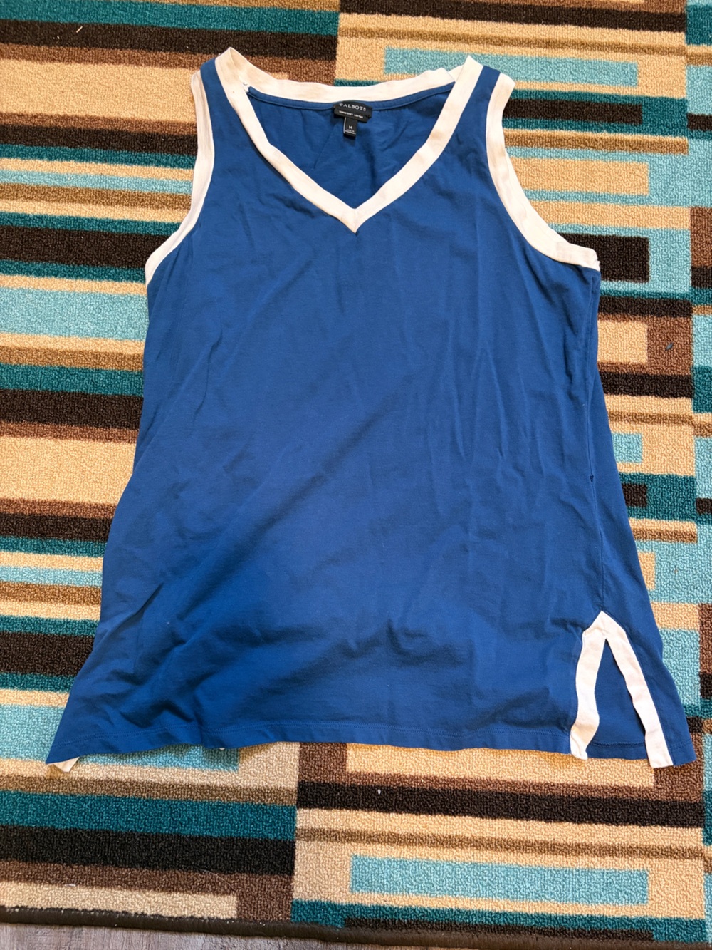 Talbots Super Soft Pima Cotton Tank Top Women’s Medium M Blue White V Neck